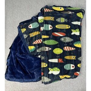 Minky Couture Plush Fleece Minster Size Fishing Lure Navy‎ Blue Blanket 60x72